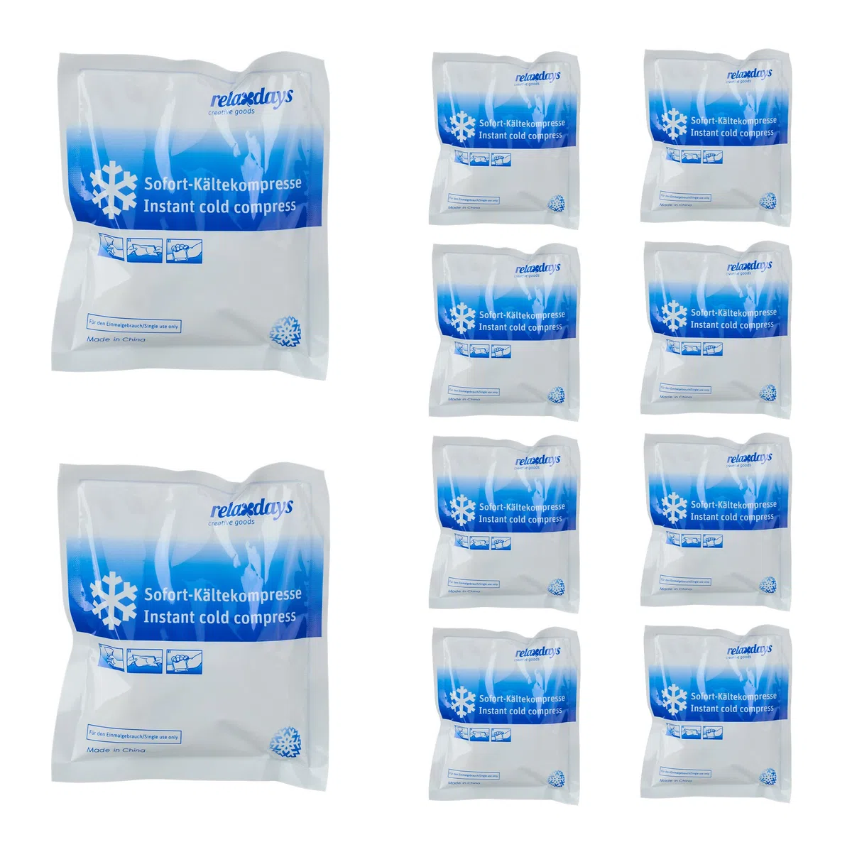 Relaxdays Ghiaccio Istantaneo Termico, 10 Sacchetti HxL: 14,5x12,5 cm, Terapia Freddo, Cuscini Refrigeranti, Blu Bianco