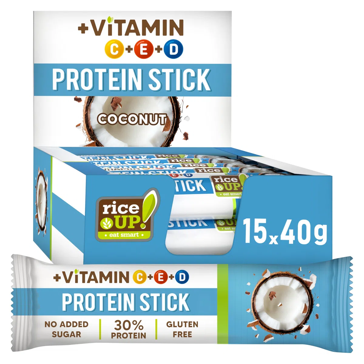 RiceUP! Barretta proteica vitaminica al cocco | Barretta proteica al 30% con vitamine C, D ed E | Senza zuccheri aggiunti | Senza glutine | Senza olio di palma | 15 x 40 g