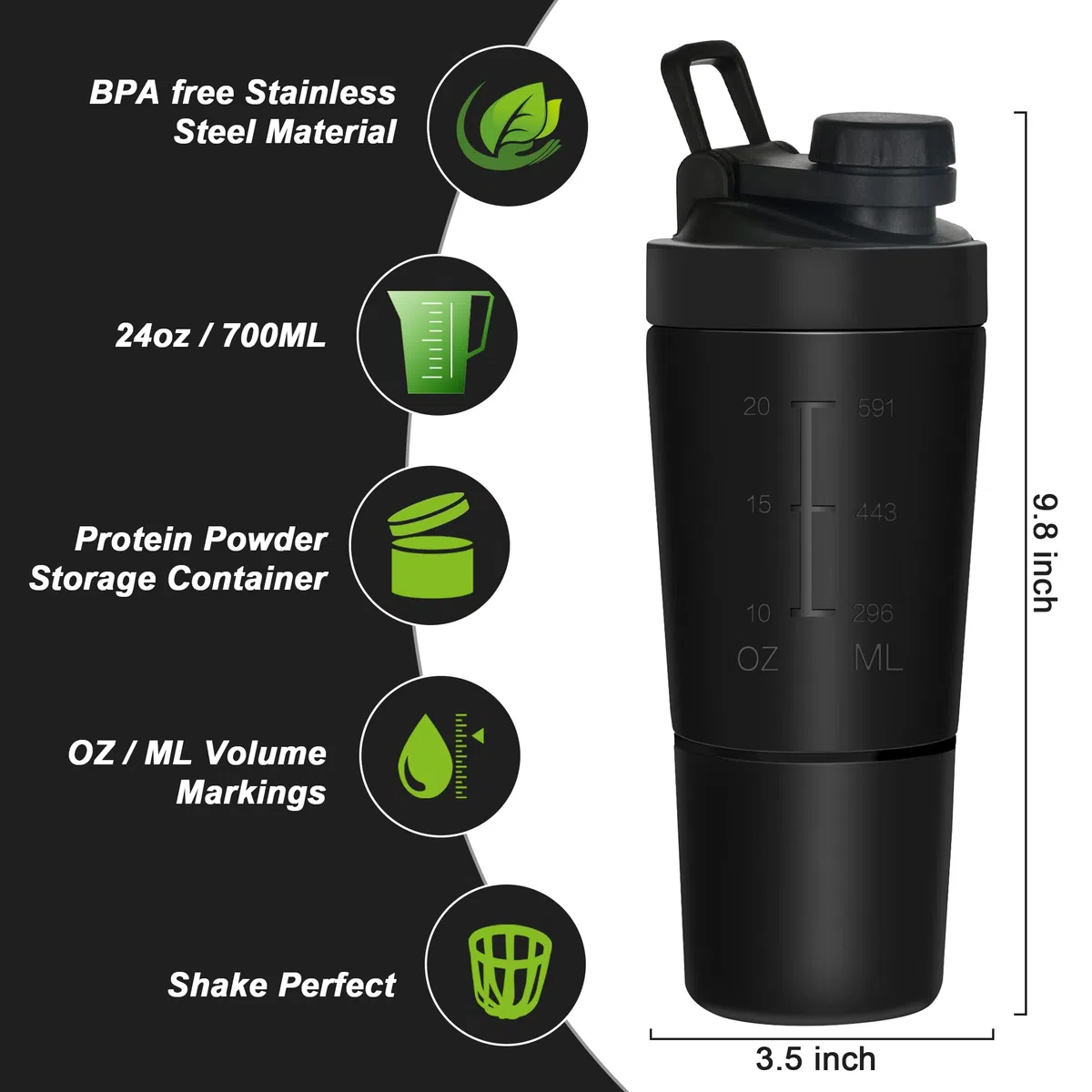 ROCKY&CHAO Shaker proteico in acciaio inox, 700 + 200 ml, con scomparto per polvere, per sport e fitness, albume d'uovo, bottiglia con coperchio a bottone, colore nero