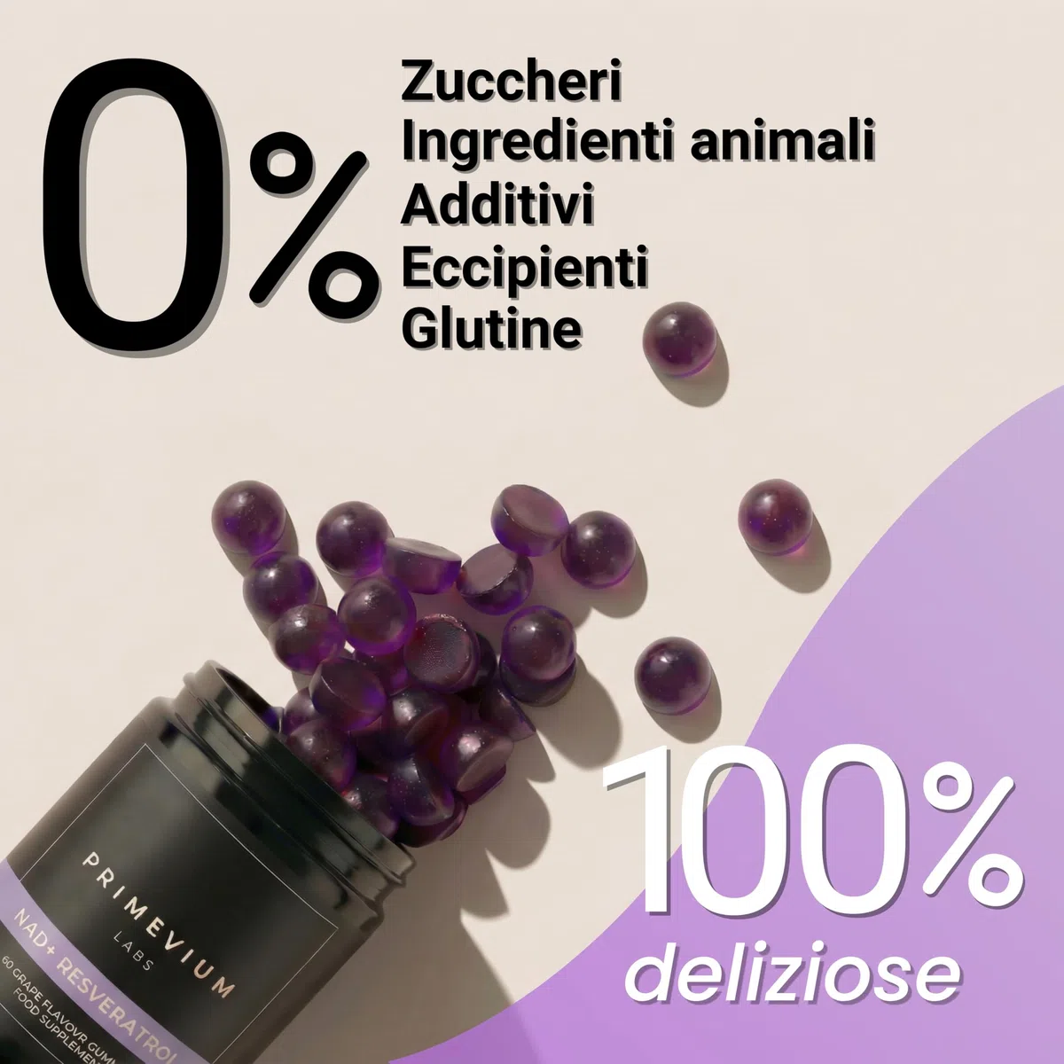 NAD+ con Resveratrolo e Quercetina - 60 Gummies Vegane Senza Zucchero - 850 mg per dose - Formula ad Alta Potenza - Integratore per Energia, Vitalità e Longevità - Primevium Labs