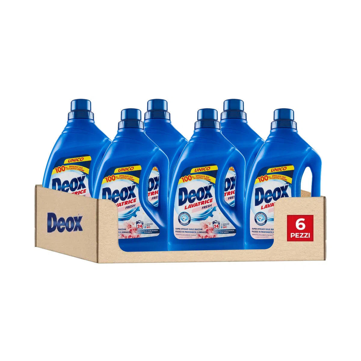 Deox - Detersivo Lavatrice Liquido Fresh, 144 Lavaggi, Smacchia e Igienizza, con Formula Antiodore, 1200ml x 6 Confezioni