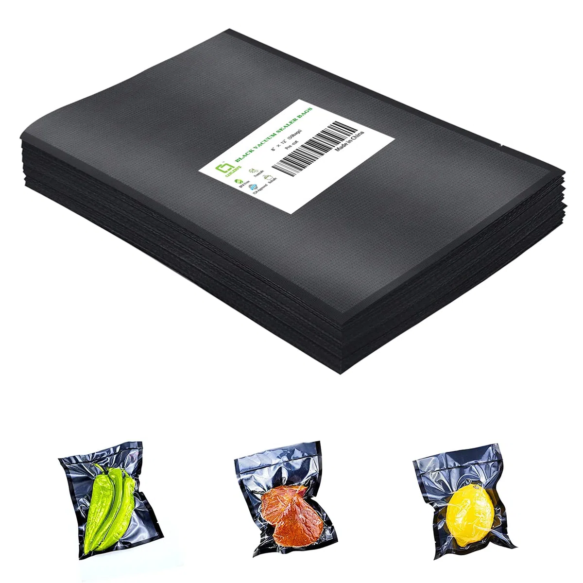 CANLENPK - Sacchetti sigillanti per sottovuoto, 20 x 30 cm, con retro nero e parte anteriore trasparente, pretagliati, per alimenti, snack, frutta, noci, bollire il vapore e il congelamento,