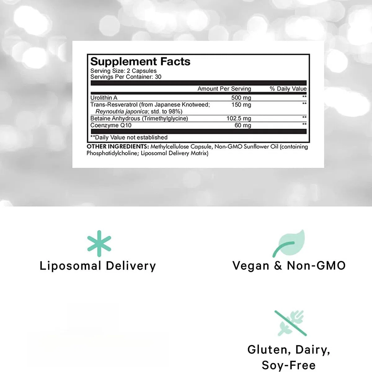 Urolitina A liposomiale - Invecchiamento sano e antiossidazione - Vegano, non OGM, senza soia