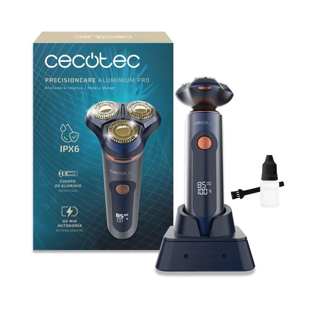 Cecotec Rasoio Rotativo PrecisionCare Aluminium Pro. Autonomia 80min, Display LCD, Lame Titanio, 8000rpm, Resistente all'Acqua IPX6, Tecnologia Doppia Lama, Base Ricarica