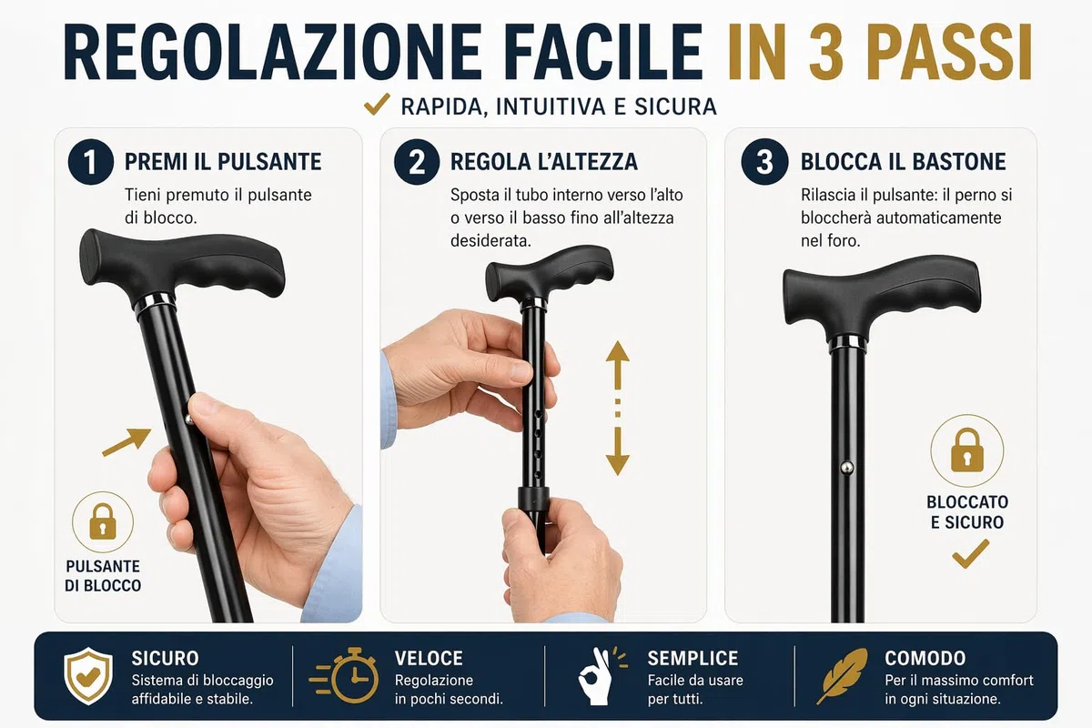 Bastone da Passeggio Regolabile in Lega d'Alluminio, Leggero, Nero, per Uomo e Donna