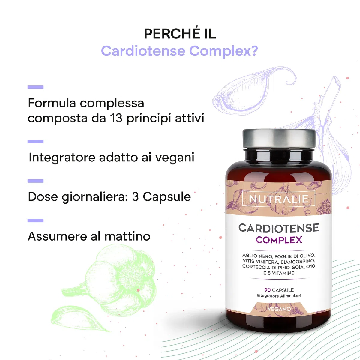 Aglio Nero Complex 11250mg - Potenza 15:1 - Cardiotense - Biancospino + Olivo + Q10 + S-Allilcisteina Vit B - 90 Capsule Nutralie