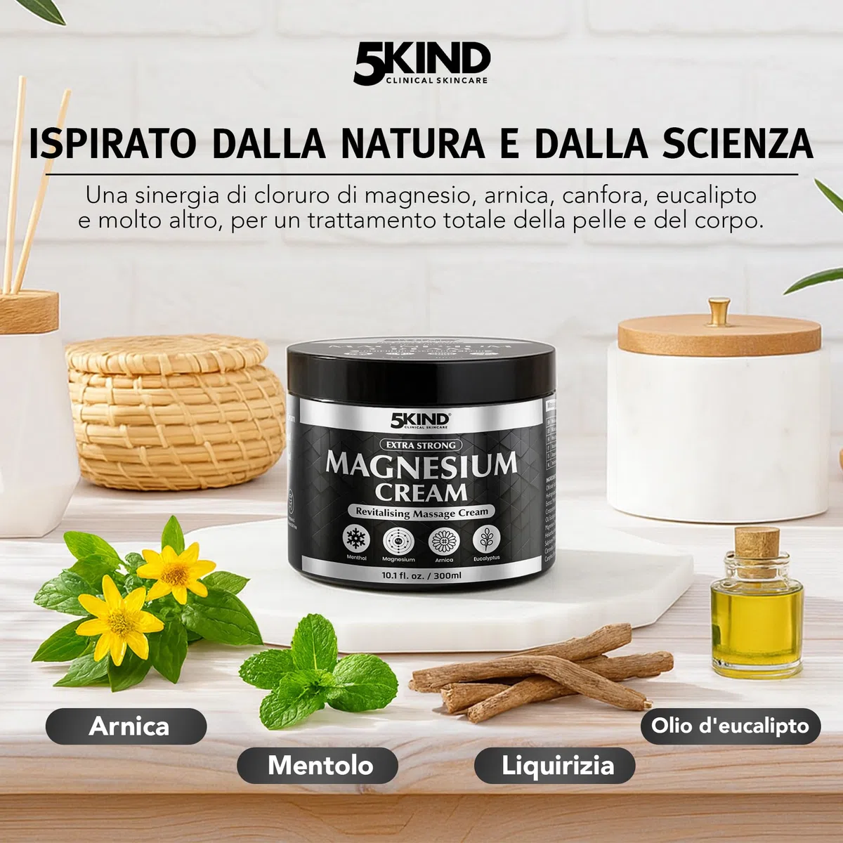 5Kind Crema al Magnesio Extra Forte 300ml - Crema al Magnesio per Muscoli, Articolazioni, Schiena, Ginocchia, Collo, Spalle - Arricchita con Arnica, Eucalipto, Consolida, Mentolo e Olio di Canapa