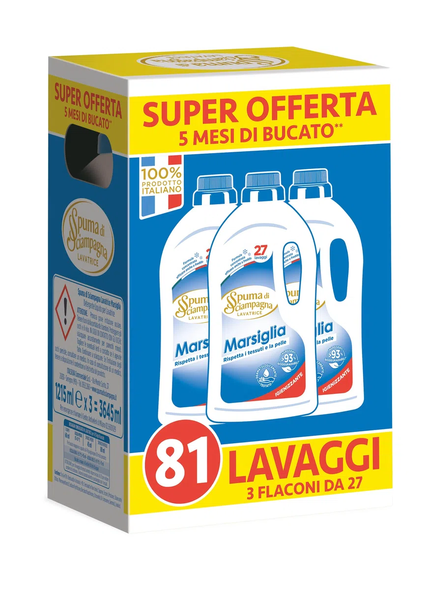 Spuma di Sciampagna - Detersivo Lavatrice Concetrato, Sapone di Marsiglia, Formula Concentrata Efficace Anche a Freddo, Igienizzante con 93% di Ingredienti Biodegradabili - 3 x 1215 ml, 81 Lavaggi
