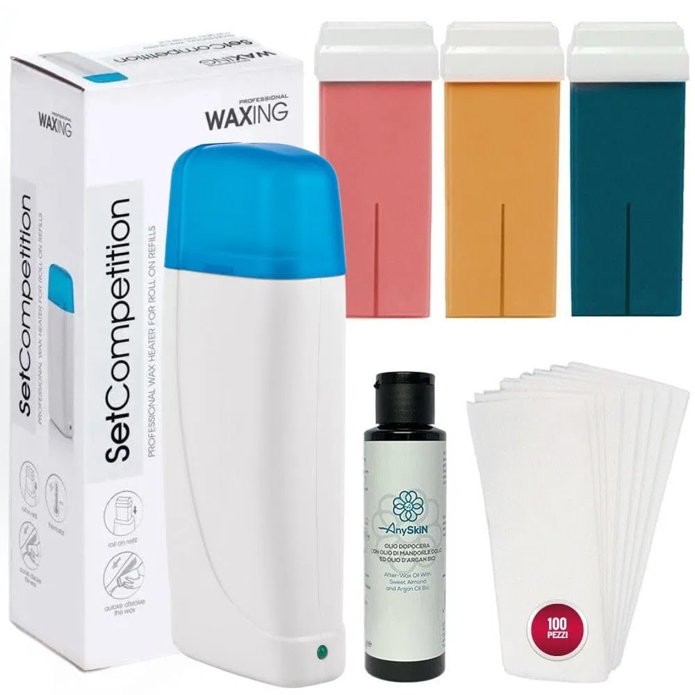 Anyskin Kit Scaldacera Rullo Professionale - Contiene 3 Ricarica Ceretta Rullo Liposolubile Aloe, Rosa e Argan + Anyskin Olio Dopocera 100ml e Strisce Depilatorie Tnt 100pz
