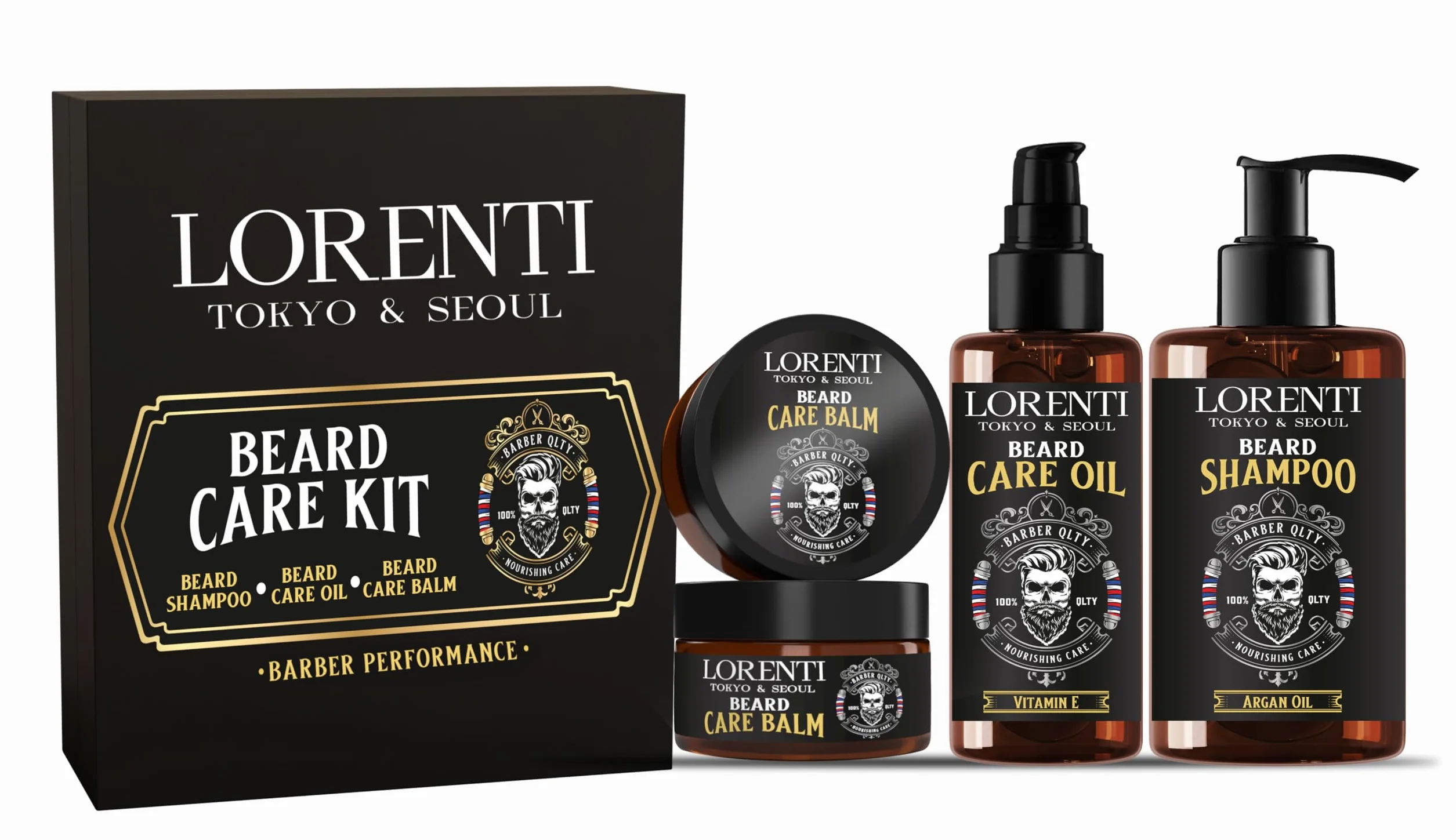 LORENTI TOKYO & SEOUL Argan Barber Set per la cura della barba e lo styling – Kit per la cura della barba con olio per barba, shampoo per barba e balsamo per barba, idea regalo per uomini – Beard Care
