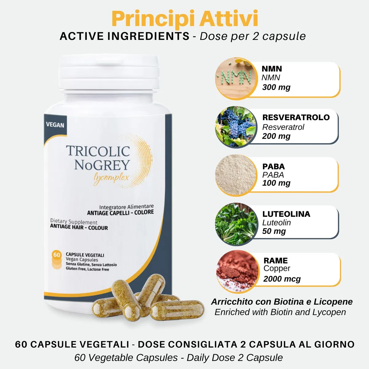 Tricolic NoGrey Lycomplex | Integratore Antigrigio e Antietà per Capelli | Sostiene la Naturale Colorazione dei Capelli | Con NMN, Resveratrolo, Rame e Biotina | 60 Capsule Vegetali