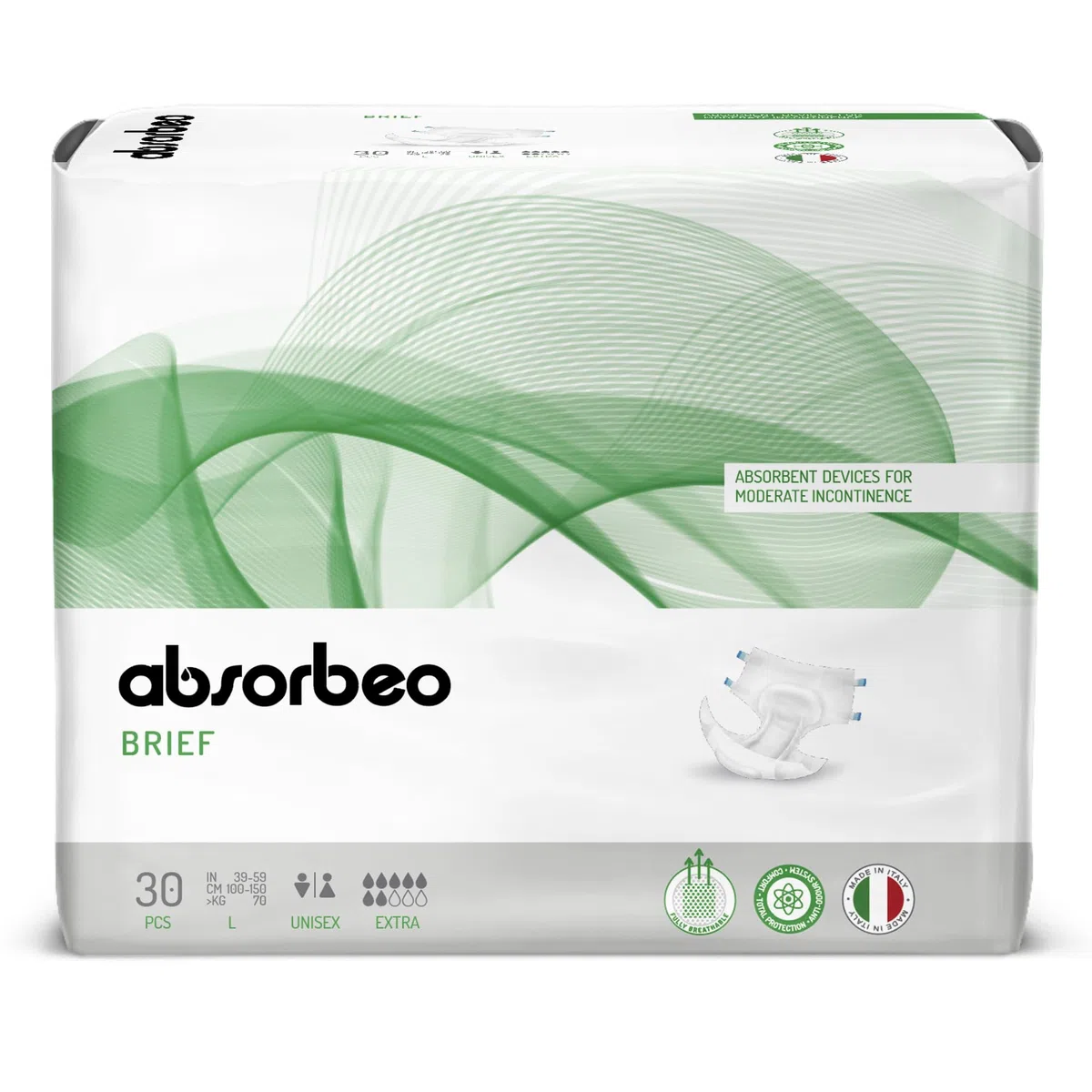 Absorbeo Pannolone Mutandina Extra, Dispositivi Assorbenti per Incontinenza Media, Comfort Assoluto, Protezione Totale, Sistema Antiodore, Completamente Traspiranti, Unisex, Taglia L, 30 Pezzi