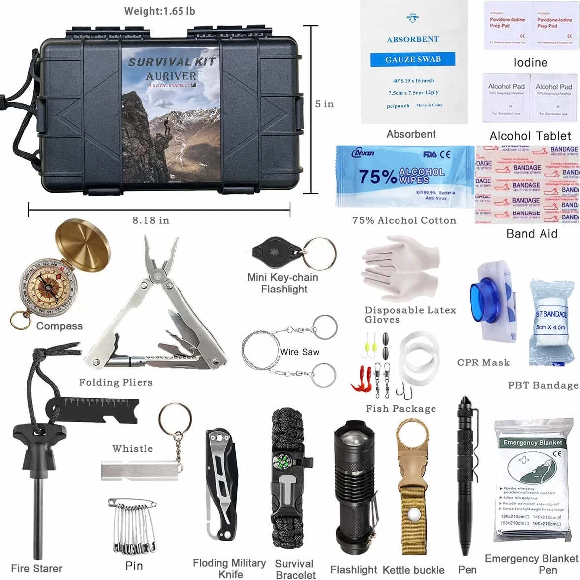 Kit di Sopravvivenza 63 in 1, Multifunzione Kit di Pronto Soccorso di Emergenza, Kit Sopravvivenza per Campeggio Escursionismo Avventure, Regalo di Compleanno Natale per Uomini Papà Adolescenti