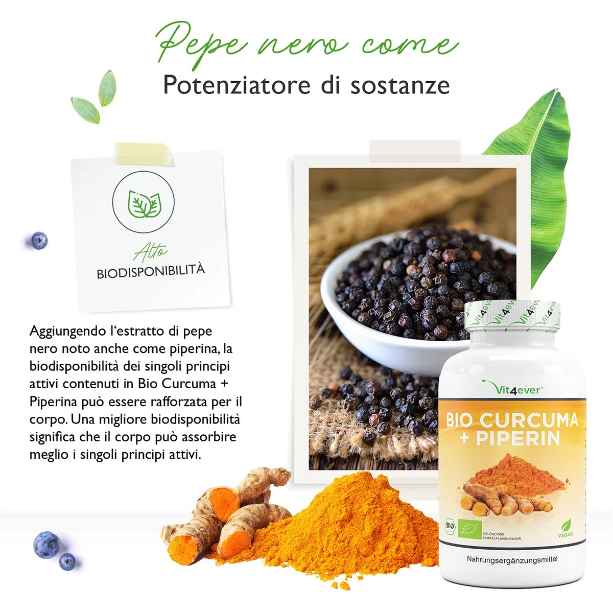 Vit4ever Bio Curcuma - 365 capsule vegane - 4560 mg (curcuma biologica + pepe nero) per dose giornaliera - Con curcumina e piperina - Altamente dosato - Vegan