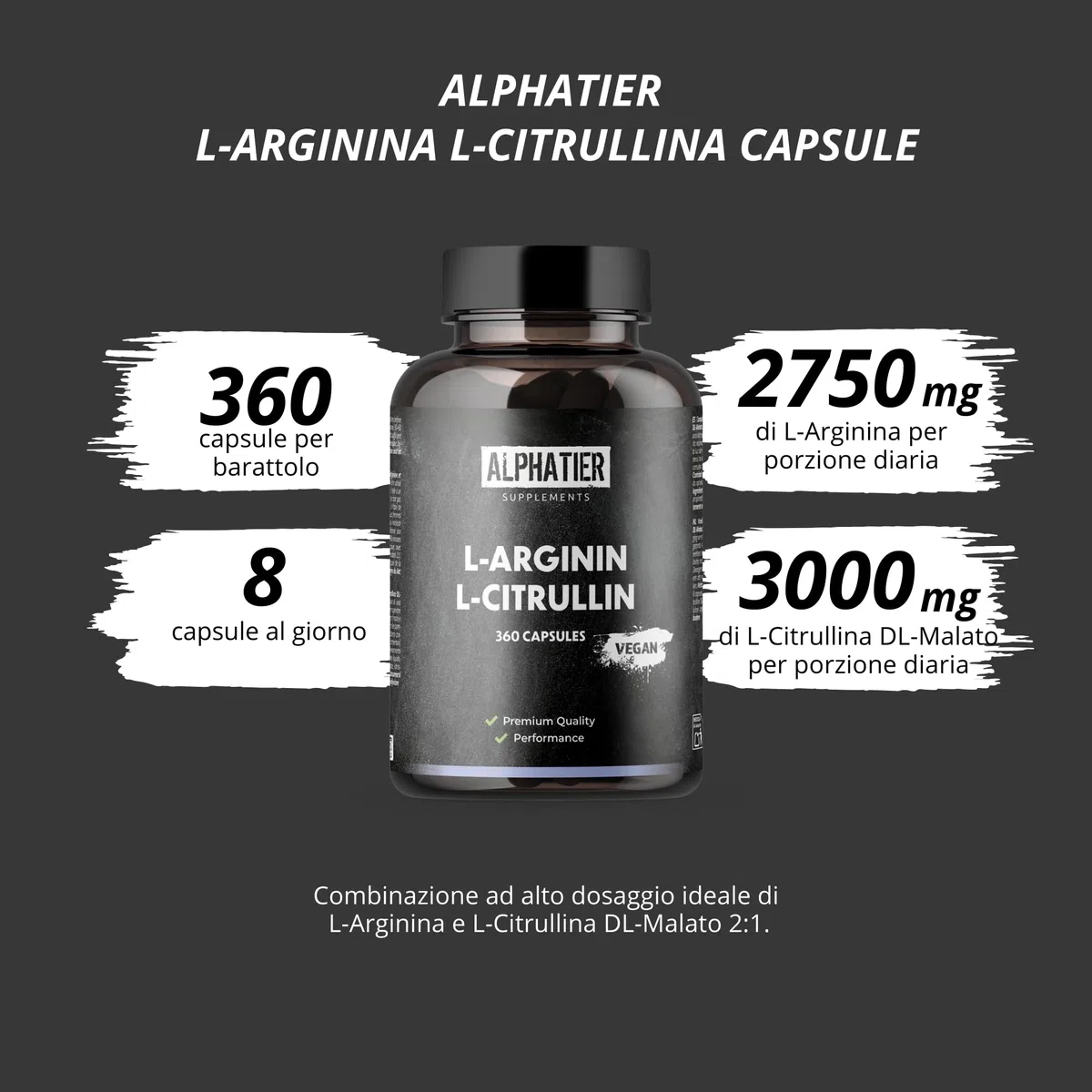 Alphatier Capsule L-Arginina L-Citrullina Alto Dosaggio - 360 Pillole Vegane - 3000mg di Citrullina Malato + Arginina Base per Porzione - Qualità Premium Senza Magnesio Stearato + Additivi
