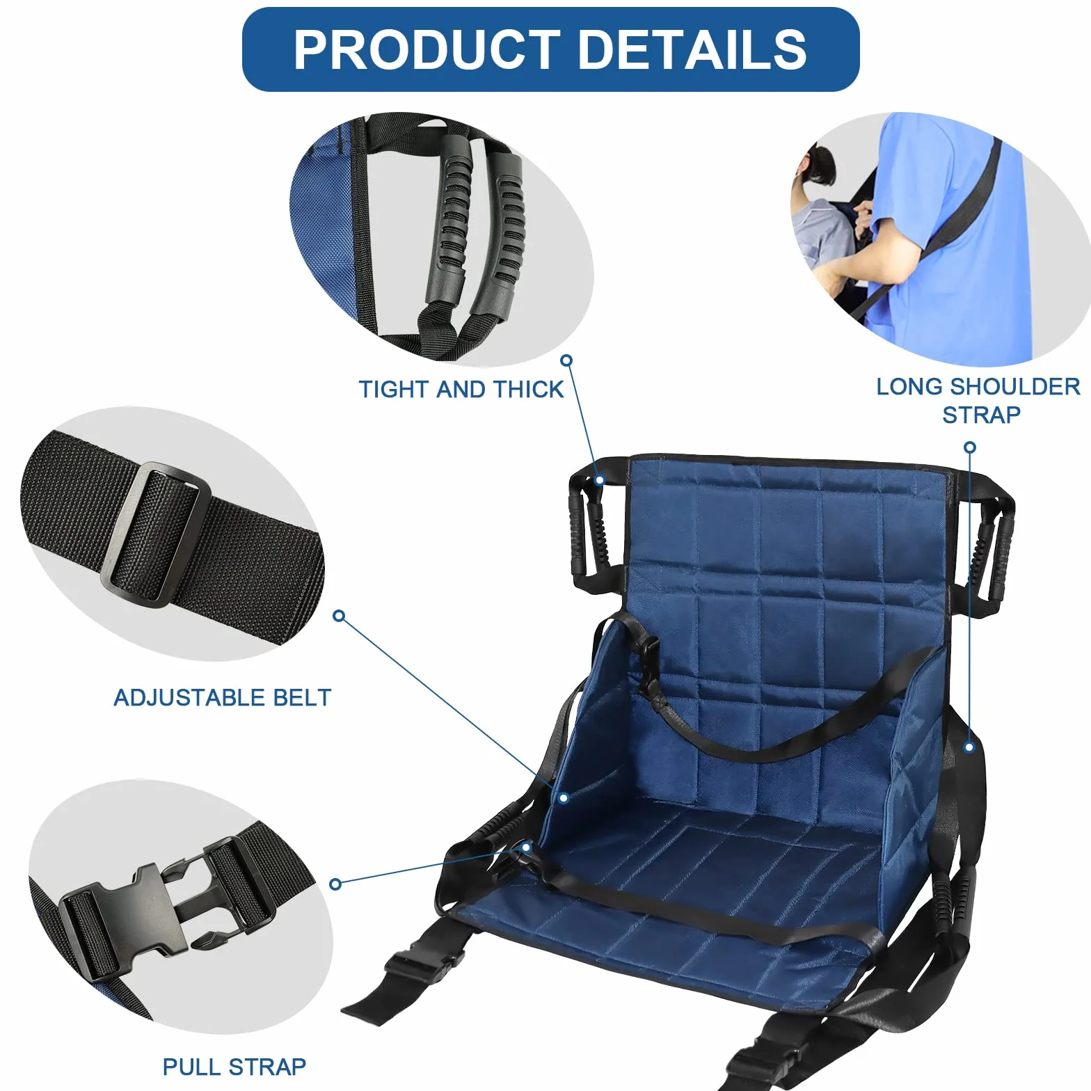 LOSCHEN Tracolla per ascensore scale, cinghie di trasferimento con 4 maniglie per sollevare anziani, andare al piano di sotto facilmente, cinghia regolabile, resiste a 220 bls (blu navy)