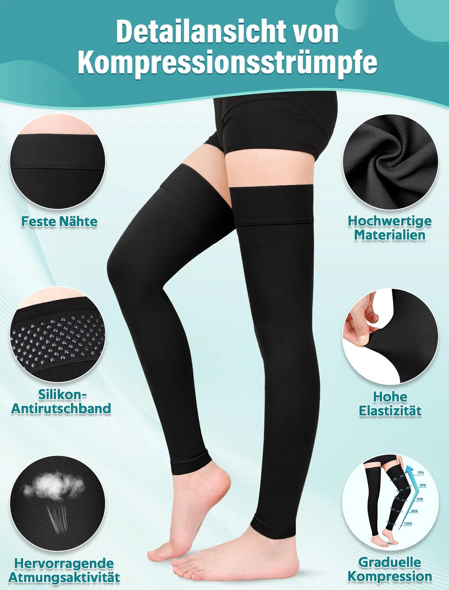Calze a compressione mediche da donna e da uomo, 15 – 20 mmHg, classe I coscia, calze a compressione lunghe, calze di sostegno senza piedi, con fascia in silicone per supporto graduato vene