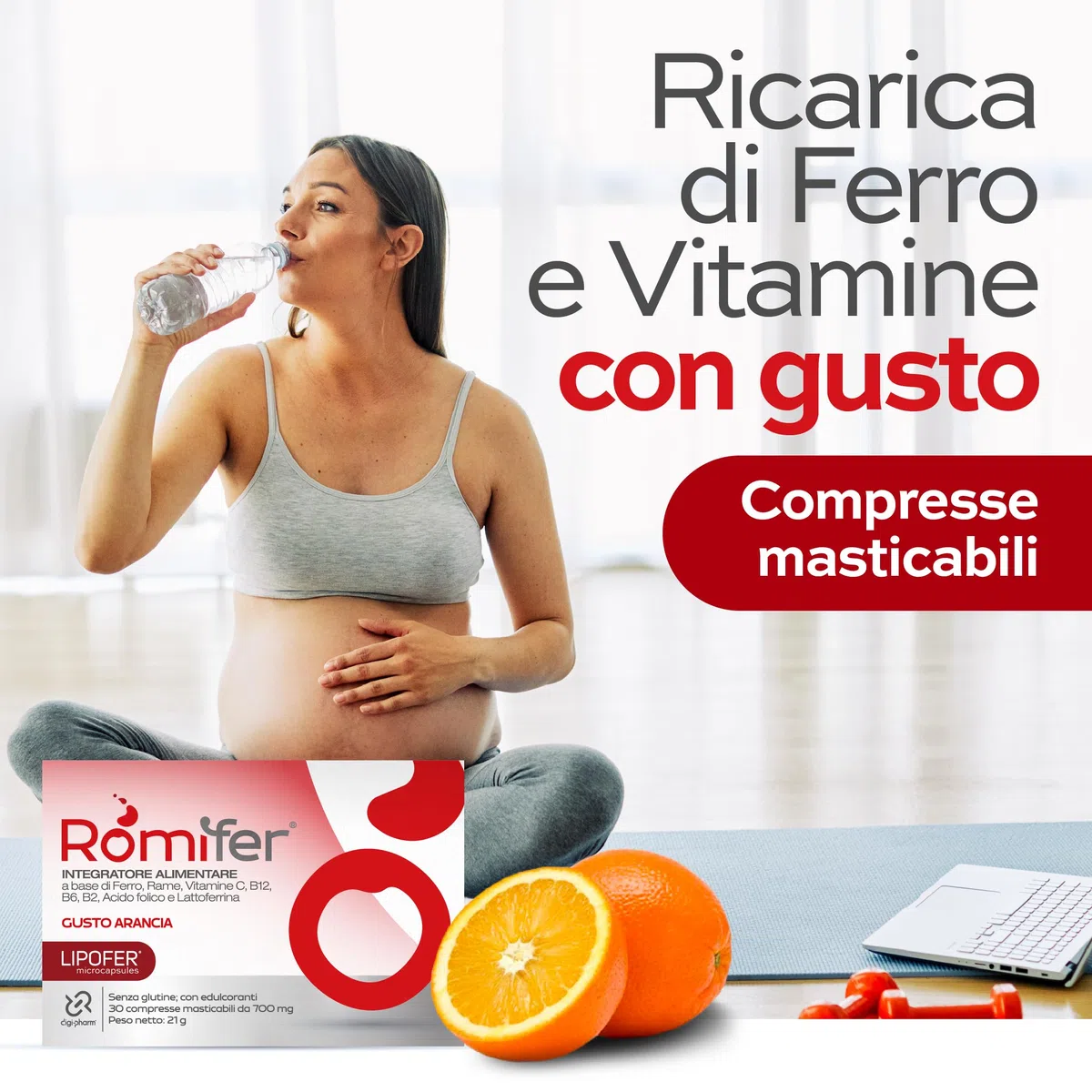 Romifer Ferro Forte Integratore Alimentare con Ferro da Lipofer Alto dosaggio, Lattoferrina, Vitamina C, Rame, Acido Folico e Vitamine B6, B2, B12, Gusto Arancia Made in Italy