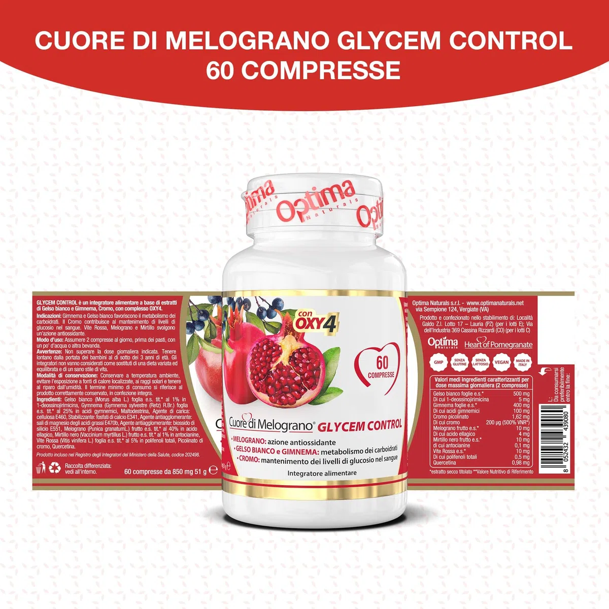 Cuore di Melograno GLYCEM CONTROL, per il mantenimento dei livelli di glucosio nel sangue, con Gelso bianco e Gymnema, 60 compresse