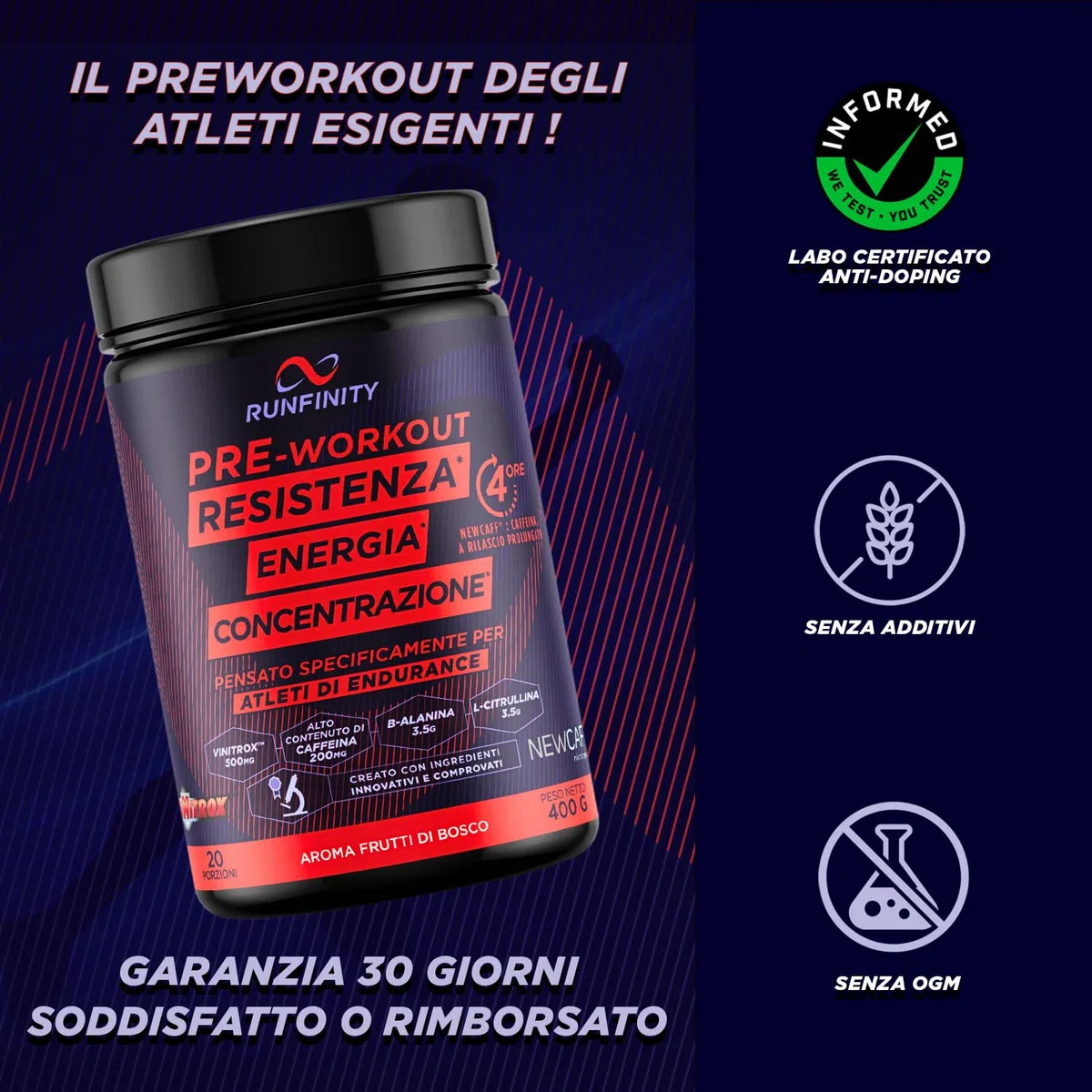 Pre Workout Runfinity – Booster di Energia a Lunga Durata: 4 Ore di Efficacia – Prestazioni Massime – Resistenza, Potenza & Concentrazione – Formula Premium con Ingredienti Brevettati