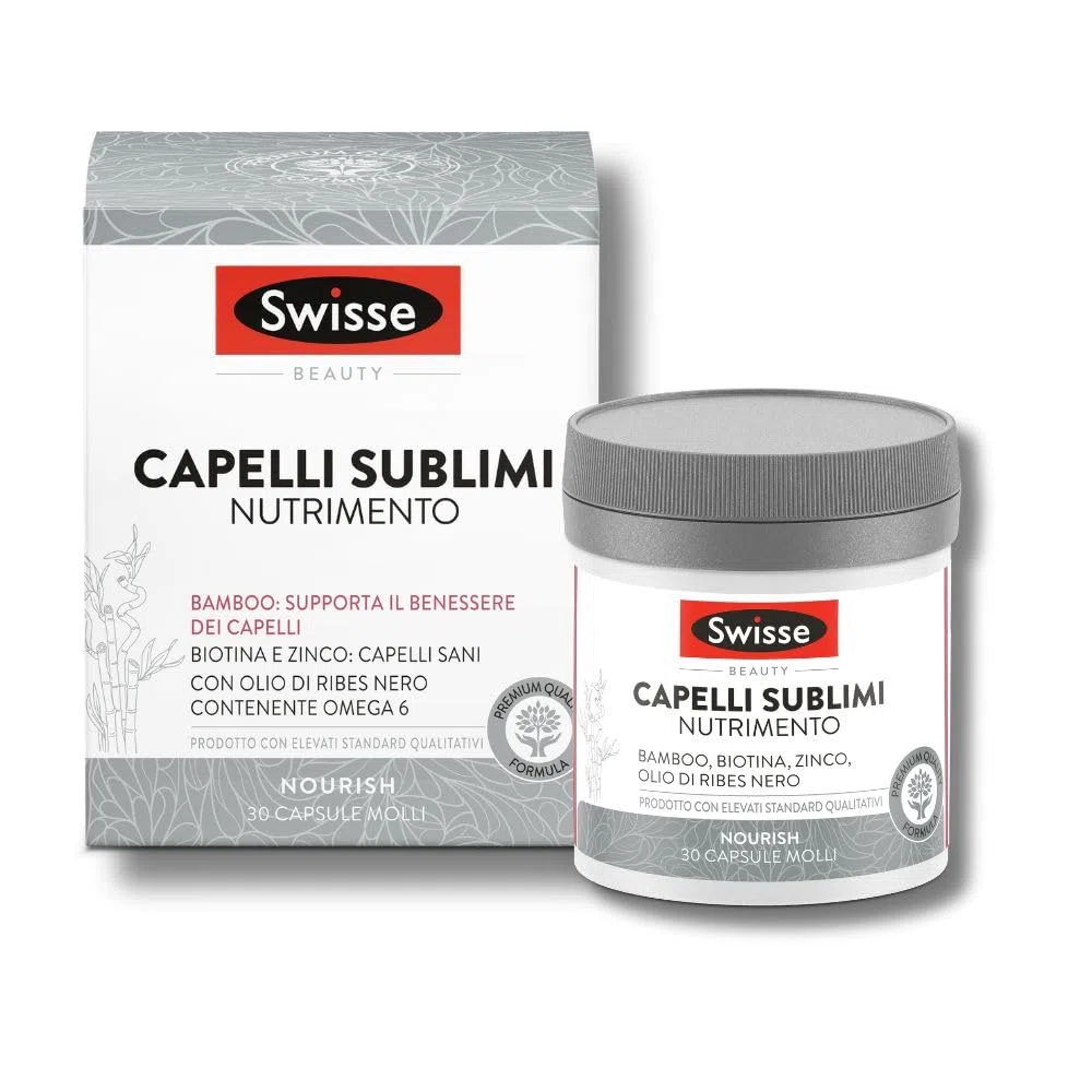 SWISSE Beauty - Integratori per Capelli Donna e Uomo con Vitamina C per Proteggere le Cellule dallo Stress Ossidativo, Integratore con Biotina e Zinco per Capelli Sani, 30 Capsule Molli, Made in Italy