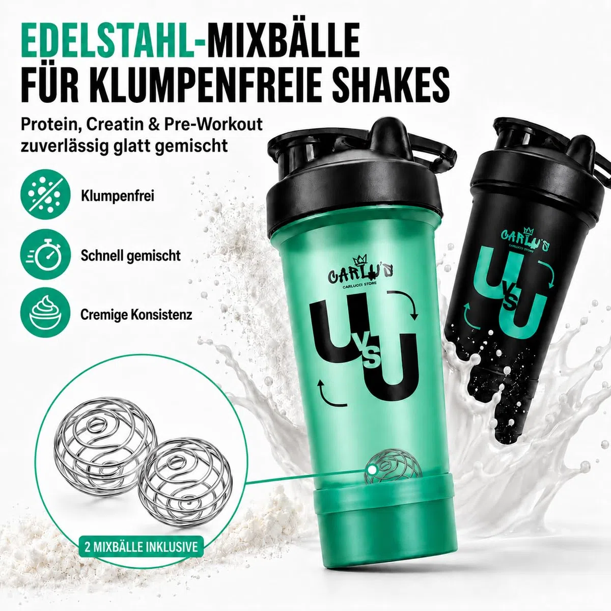 Carlu's Set di 2 shaker per proteine da 500 ml, 4 contenitori per polveri, 2 sfere di miscelazione in acciaio inox e 2 organizer per pillole, senza BPA, a prova di perdite, lavabile in lavastoviglie