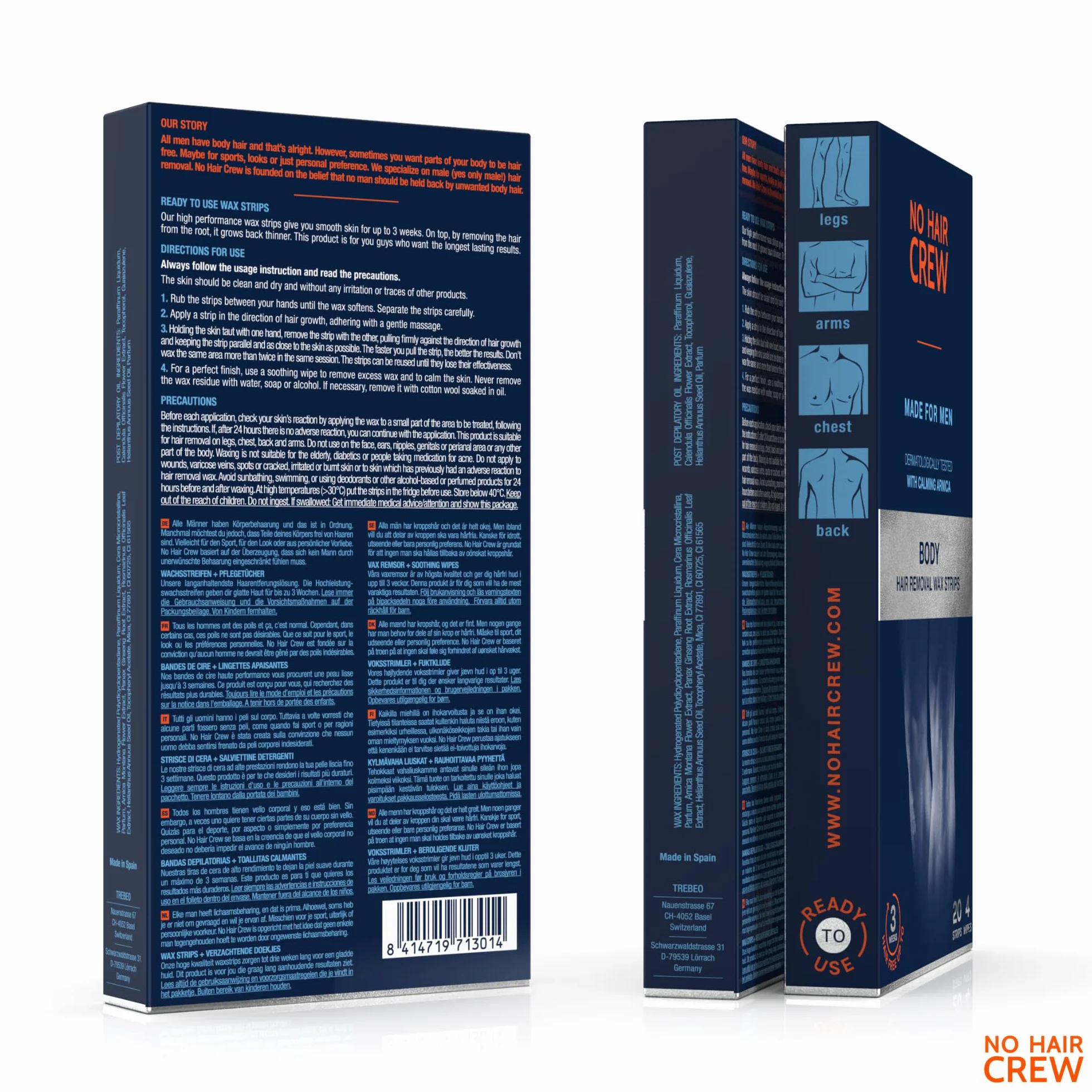 NO HAIR CREW Strisce Depilatorie Corpo Uomo Confezione da 3 (3 x 20 Strisce + Salviette Lenitive) – Depilazione a Lunga Durata