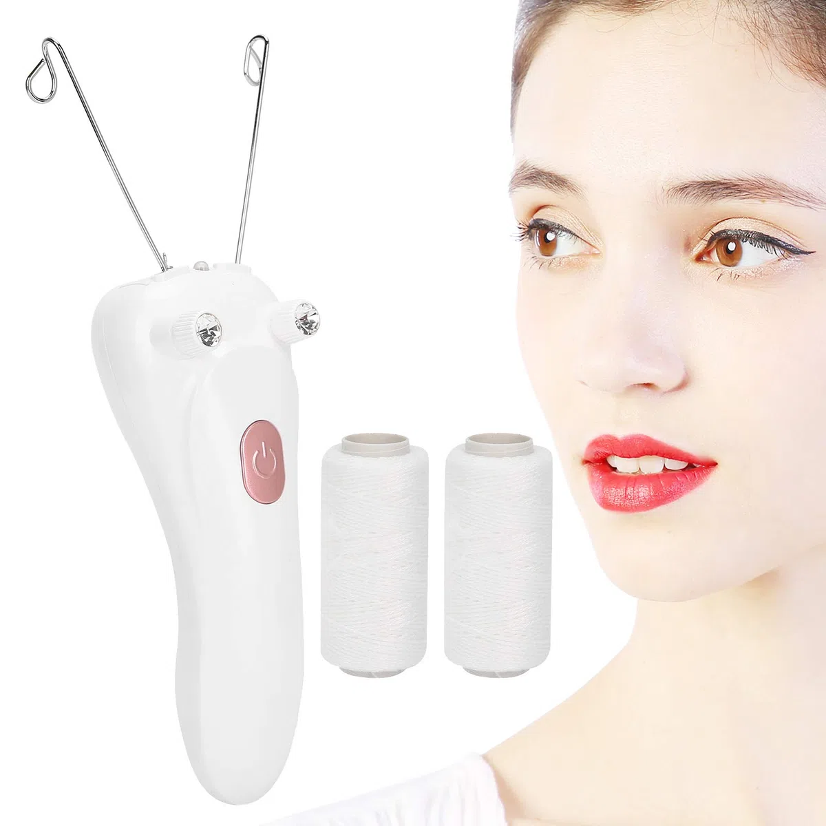 Epilatore per peli facciali da donna, epilatore elettrico con filettatura senza fili, depilazione con filo di cotone per viso, avambraccio, mento, peli del labbro superiore(Rosa)