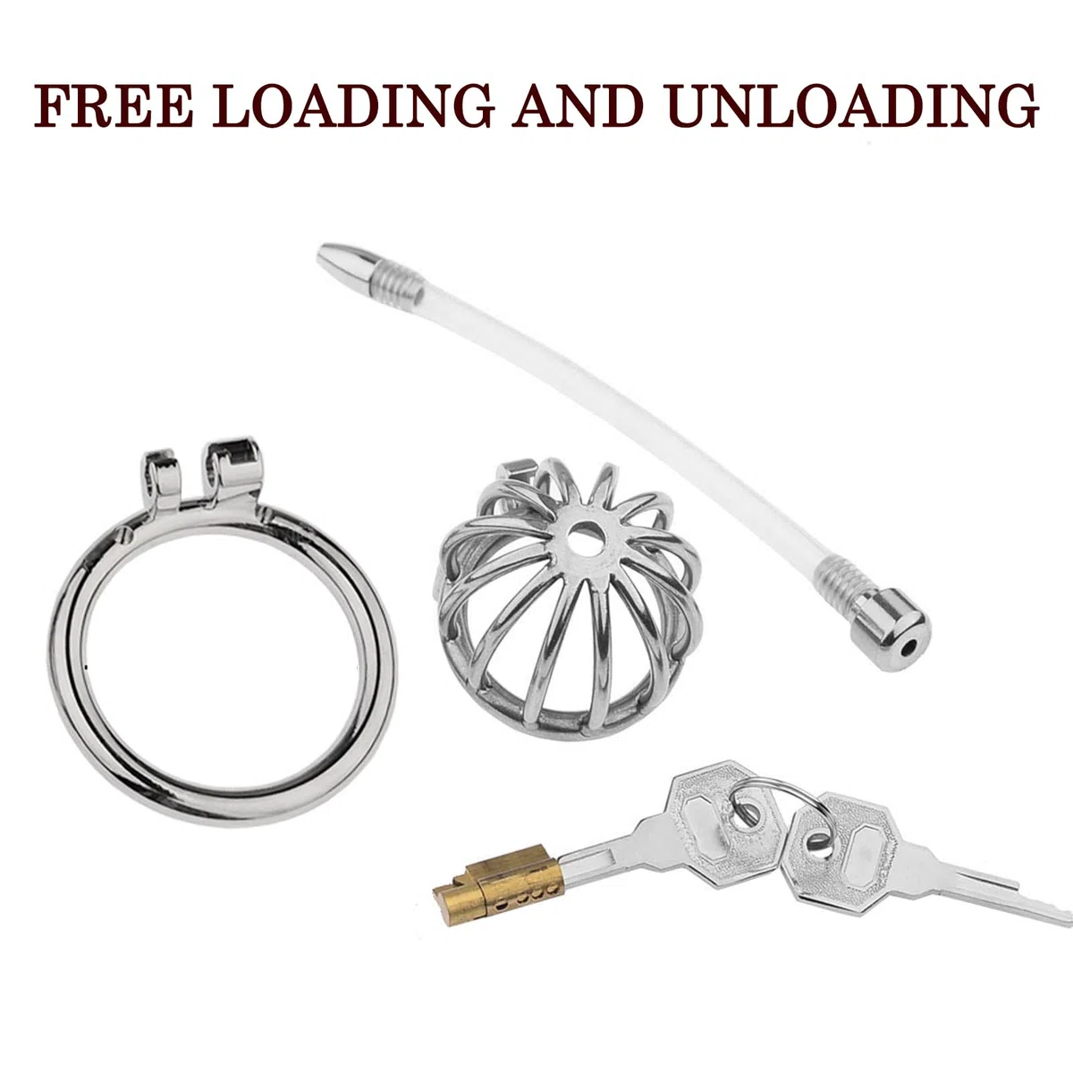 BDSMLOVE Gabbia di castità in acciaio inossidabile, Chastity cage con Catetere cavo, gabbia castità per uomo, cock cage per Prevenire L'erezione, uomo Castità Set di anelli (45 mm)