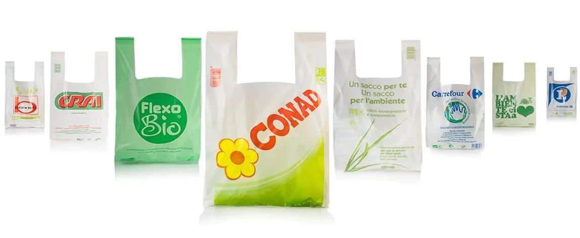 150 buste sacchetti biodegradabili compostabili 22+12 x 40 norma EN 13432 per negozi alimentari, usi domestici a strappo e asola per appenderli 22+12x40