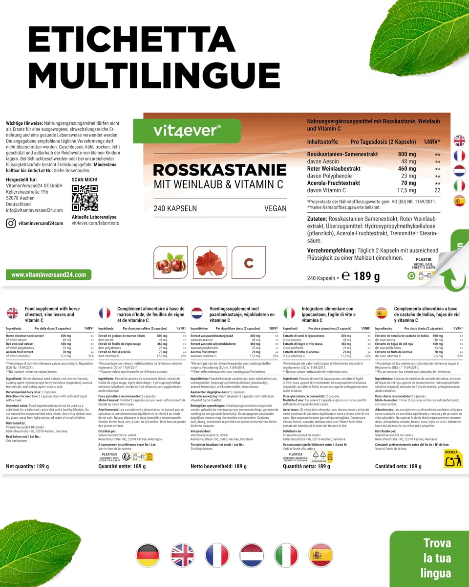 Estratto di ippocastano - 240 capsule - Dosaggio elevato con 1330 mg di estratto per dose giornaliera - Ippocastano con foglie di vite e vitamina C di acerola - Senza additivi indesiderati, vegano