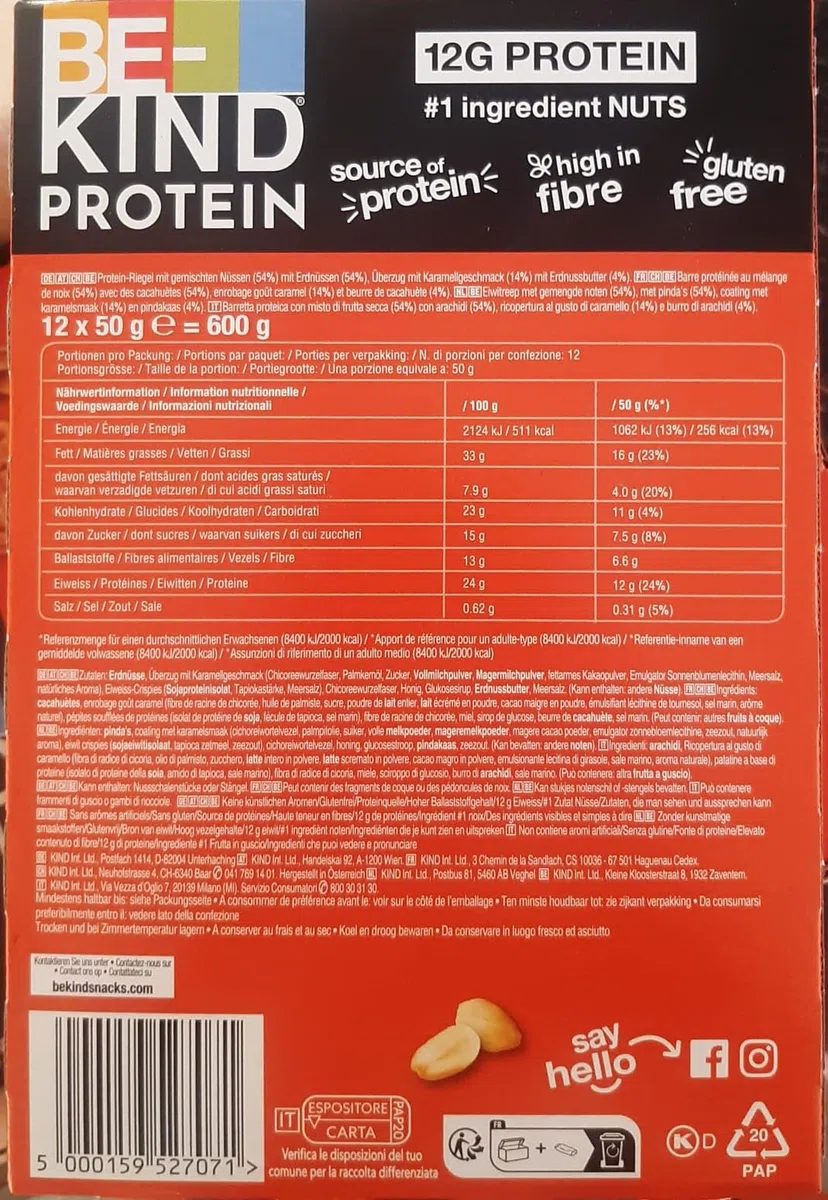 BE-KIND Protein Barretta Proteica al Burro di Arachidi, Snack Proteico Senza Glutine, 12 gr di Proteine, 1 Confezione x 12 Barrette da 50 g (600 g)