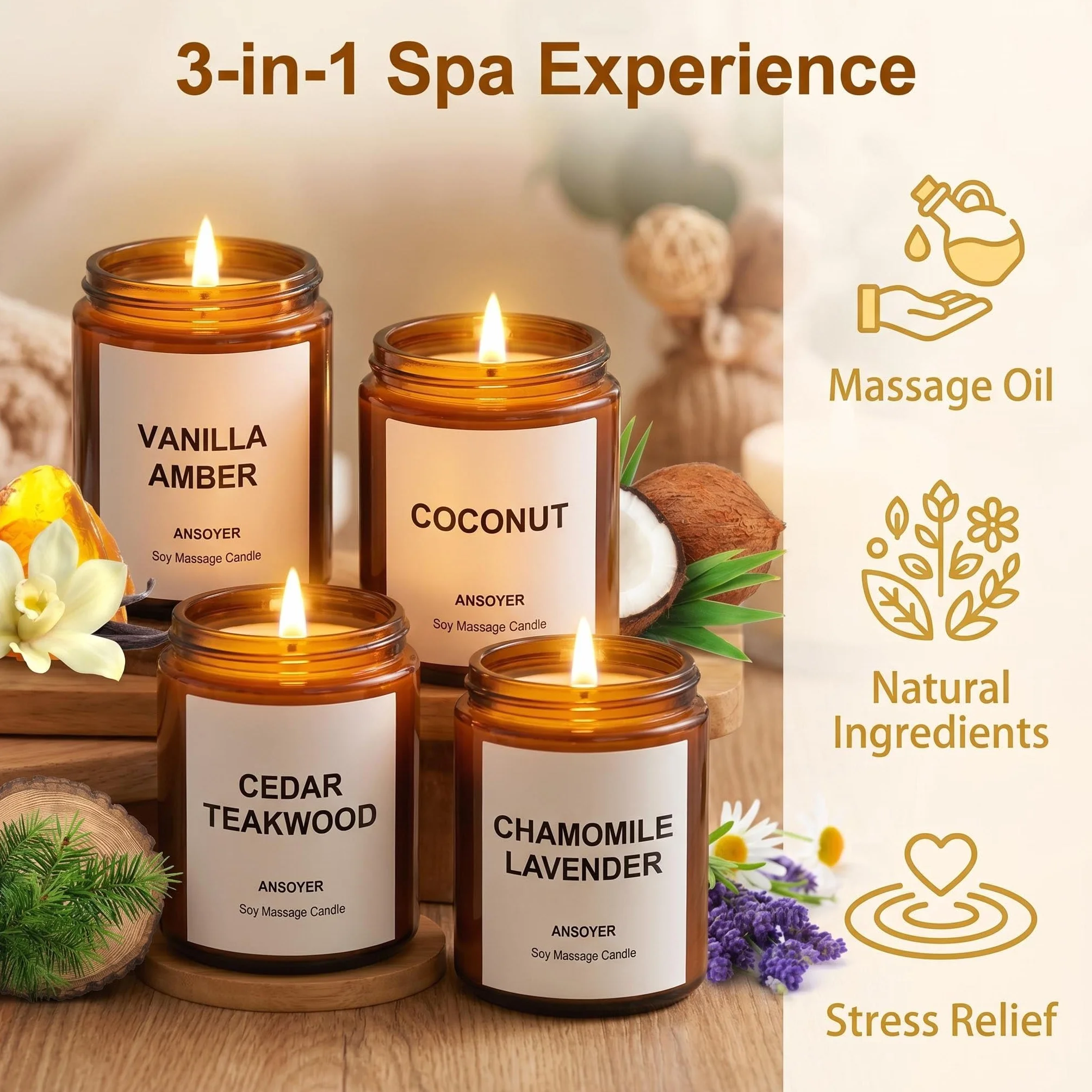 4 Pezzi Candela da massaggio - Set Regalo con 4 Candele da 128g per Massaggi, Aromaterapia e Relax - Olio Idratante, Fragranze Delicate (Vaniglia Ambra + Cocco + Cedro Teak + Camomilla Lavanda)