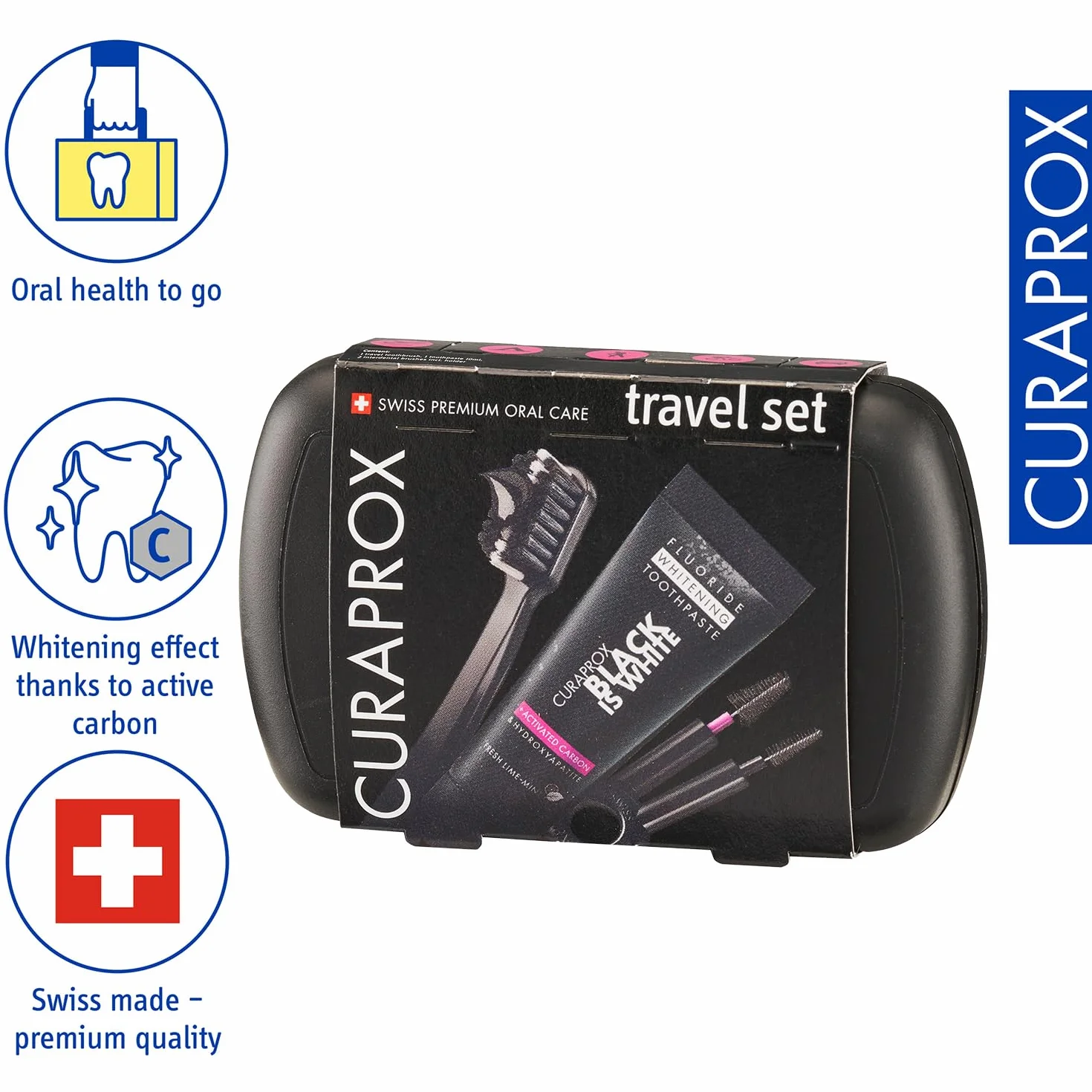 Curaprox Set di spazzolino da viaggio per lo sbiancamento dei denti in movimento/Black is white edition/Include dentifricio, spazzolino e scovolini interdentali/Made in Switzerland