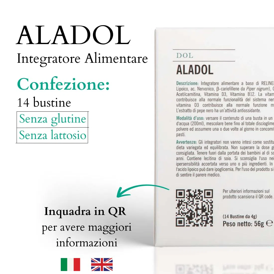 ALADOL - Integratore Alimentare Azione Antiossidante, per Problematiche al Sistema Nervoso e per la Normale Funzionalità Muscolare, Dolorabilità Diffusa, 14 Bustine