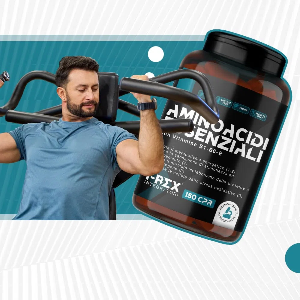EAA Aminoacidi Essenziali con mix di vitamine B1, B6 ed E - Integratore di amminoacidi naturali vegan ottenuti da fermentazione T-Rex Integratori (Compresse, 150 Unità (Confezione da 1))
