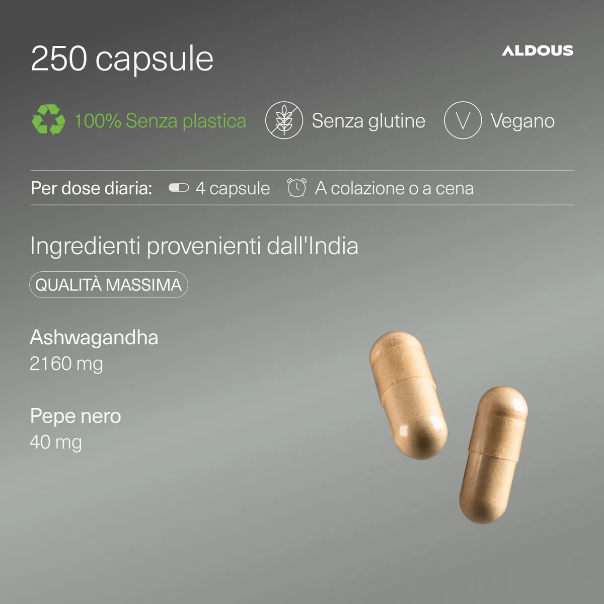 Ashwagandha Bio 2160 mg - 250 Capsule Vegetali - Radice di Ashwagandha con Pepe Nero - Ashwagandha Alto Dosaggio - Withania Somnifera - Ginseng Indiano - Cortisolo - Integratore Ansia e Stress-ALDOUS