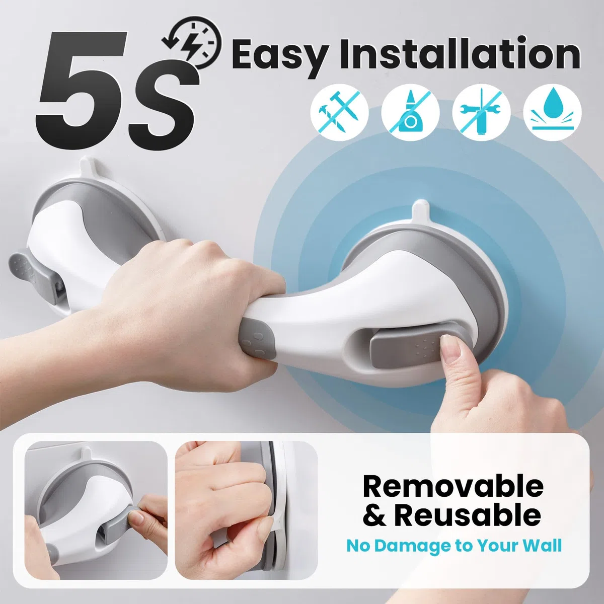 TAILI Maniglia Doccia Anziani, MAX 110 KG Maniglione Bagno Disabili, 31 CM Maniglie a Ventosa, Rimovibile Maniglie Doccia per Anziani, Nessuna foratura Handy Grasp Pro, Ausili e Sicurezza - Grigio