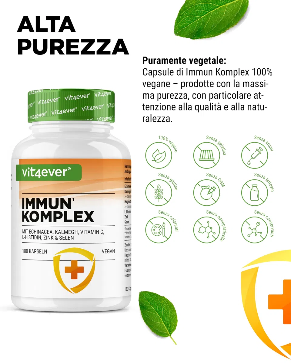 Sistema Immunitario Complex alto dosaggio - 180 Capsule per 90 giorni - 500 mg di Echinacea, Kalmegh, Rosa Canina, Vitamina C, L-Istidina, Zinco e Selenio - Vegano, senza additivi inutili