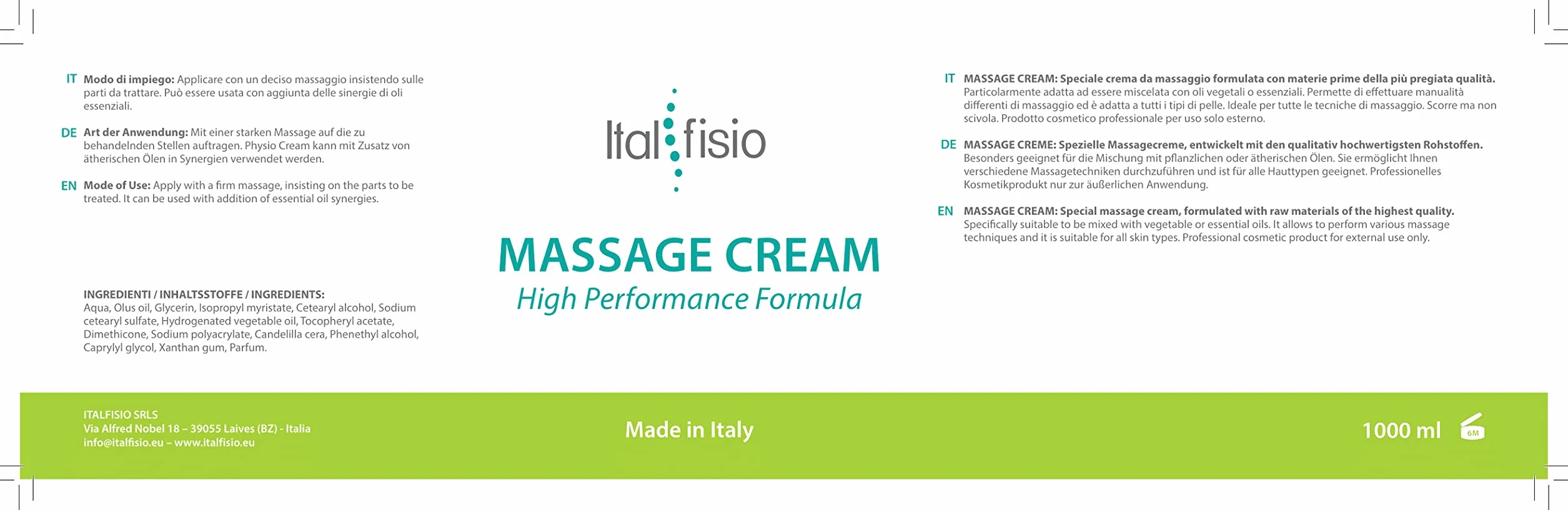 ITALFISIO Crema Corpo per Massaggio - Idratante Crema Professionale per Fisioterapia, Uso Sportivo ed Estetico - Lenisce e Ammorbidisce la Pelle - Ideale per Pelli Delicate - 1000ml