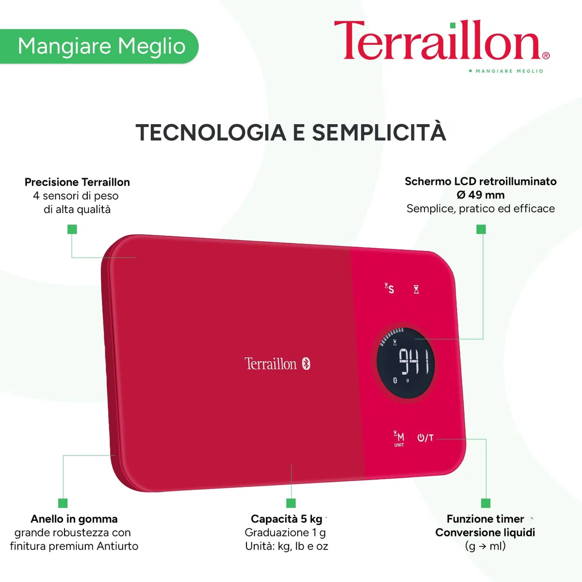 TERRAILLON - NUTRITAB - Bilancia da cucina con connessione Bluetooth, app MyHealth, piatto in vetro, portata 5 kg, precisione 1 g, scansione dei codici a barre, analisi del valore nutrizionale, rosso