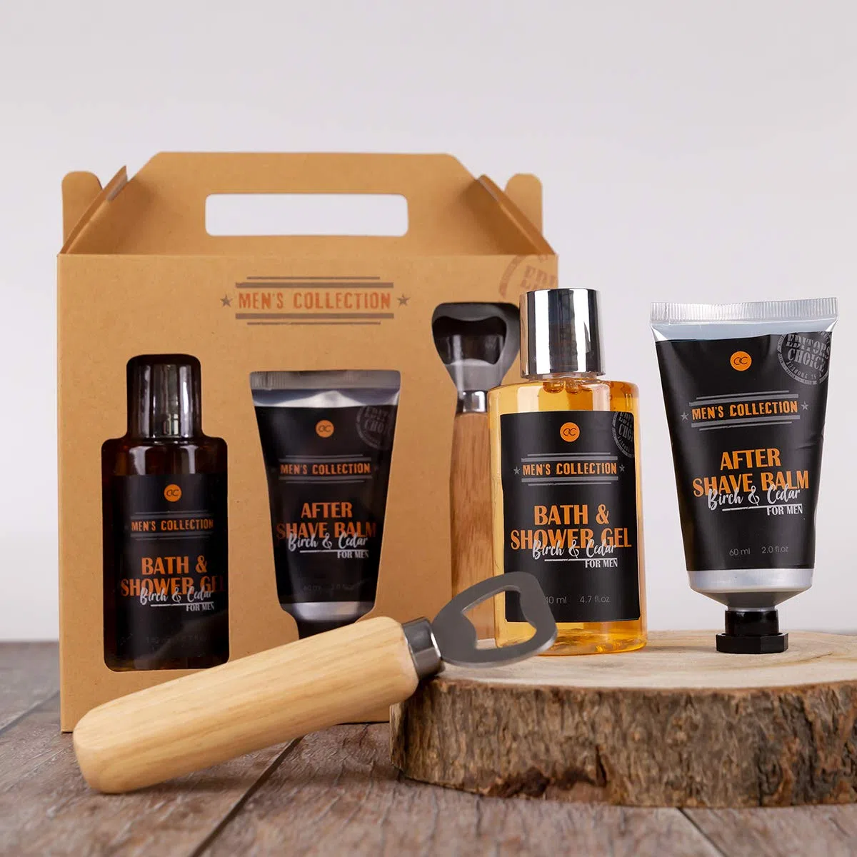 Set regalo Accentra MEN'S COLLECTION per uomo con gel doccia e bagno da 140 ml, balsamo dopobarba da 60 ml, apribottiglie con manico in legno, regalo per il compleanno e la festa del papà