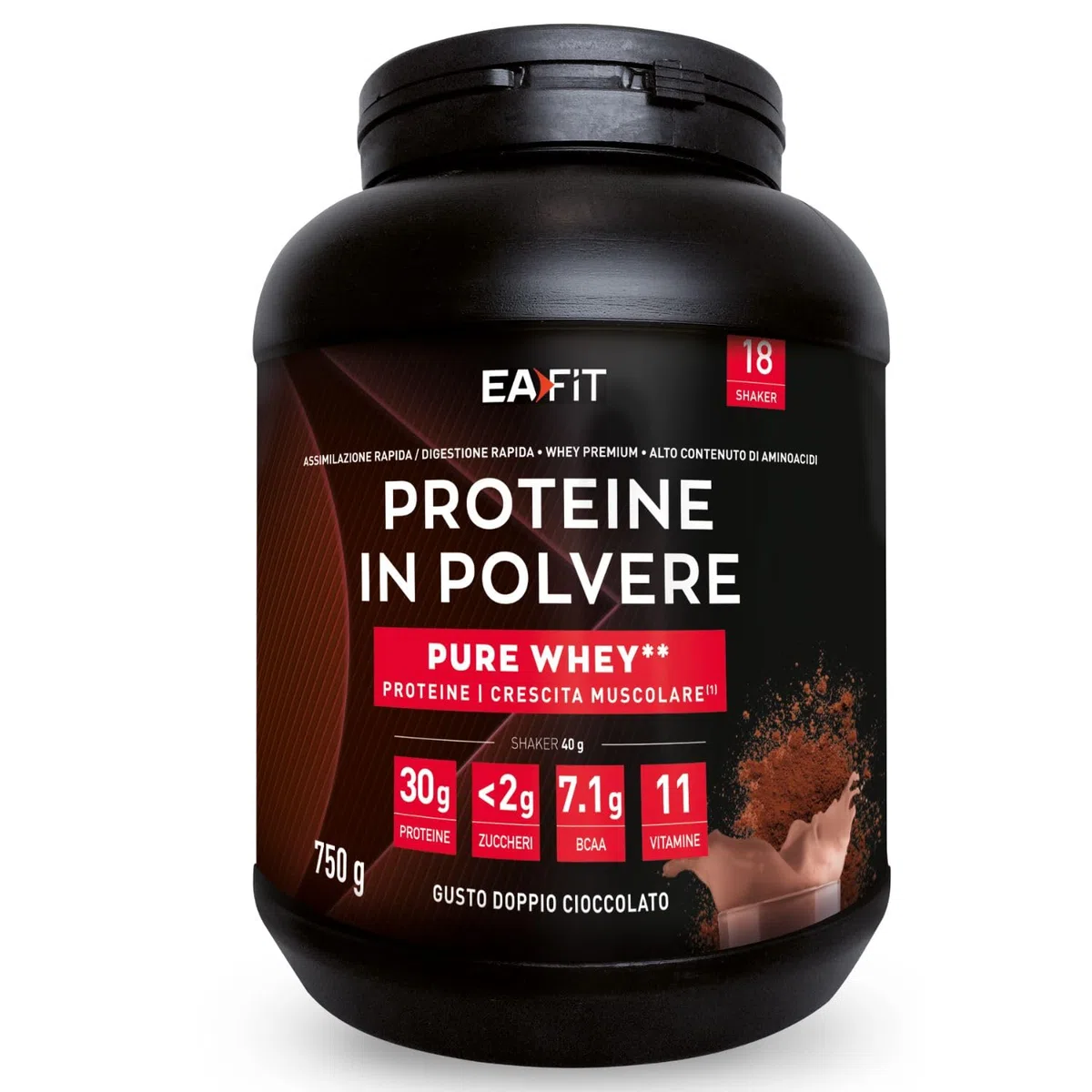 Proteine in Polvere Whey 750 g Gusto Doppio Cioccolato | 30 g per Shaker Proteine | Whey Protein Concentrate e Isolate | BCAA + L-Glutammina + Taurina | Integratore per Massa Muscolare|Con 11 Vitamine