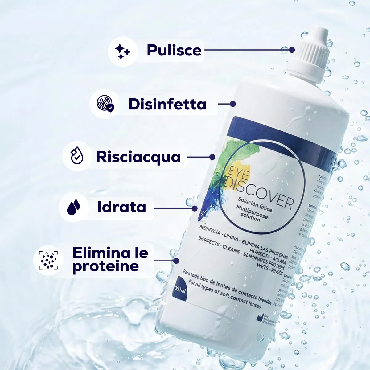 Soluzione unica per lenti a contatto morbide | 3 x 360 ml, 2 portalenti antimicrobici | Disinfetta, elimina proteine, idratazione | Comfort e manutenzione giornaliera