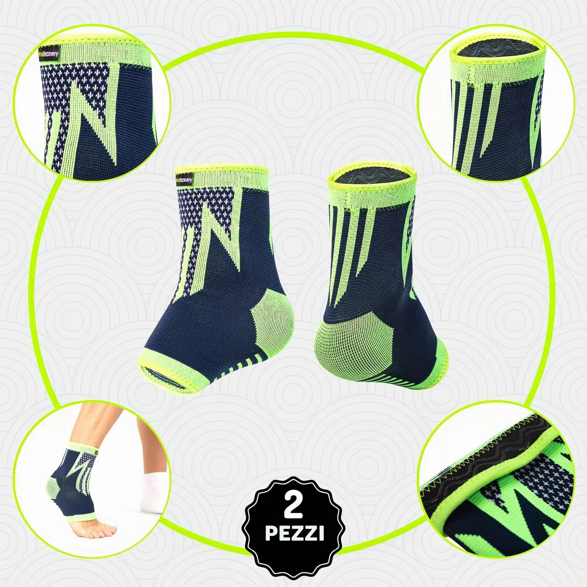 Feel Recovery 2 Tutore Caviglia per Uomo e Donne - Cavigliere Elastiche a Compressione - Fascia Sportive per Distorsioni, Running, Calcio e Sport - Traspiranti e Antiscivolo (L, Verde)