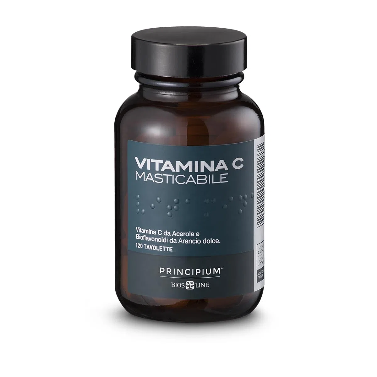 BIOS LINE Principium Vitamina C Masticabile, Integratore Alimentare Naturale di Vitamina C, Gusto Amarena, 120 Tavolette Masticabili