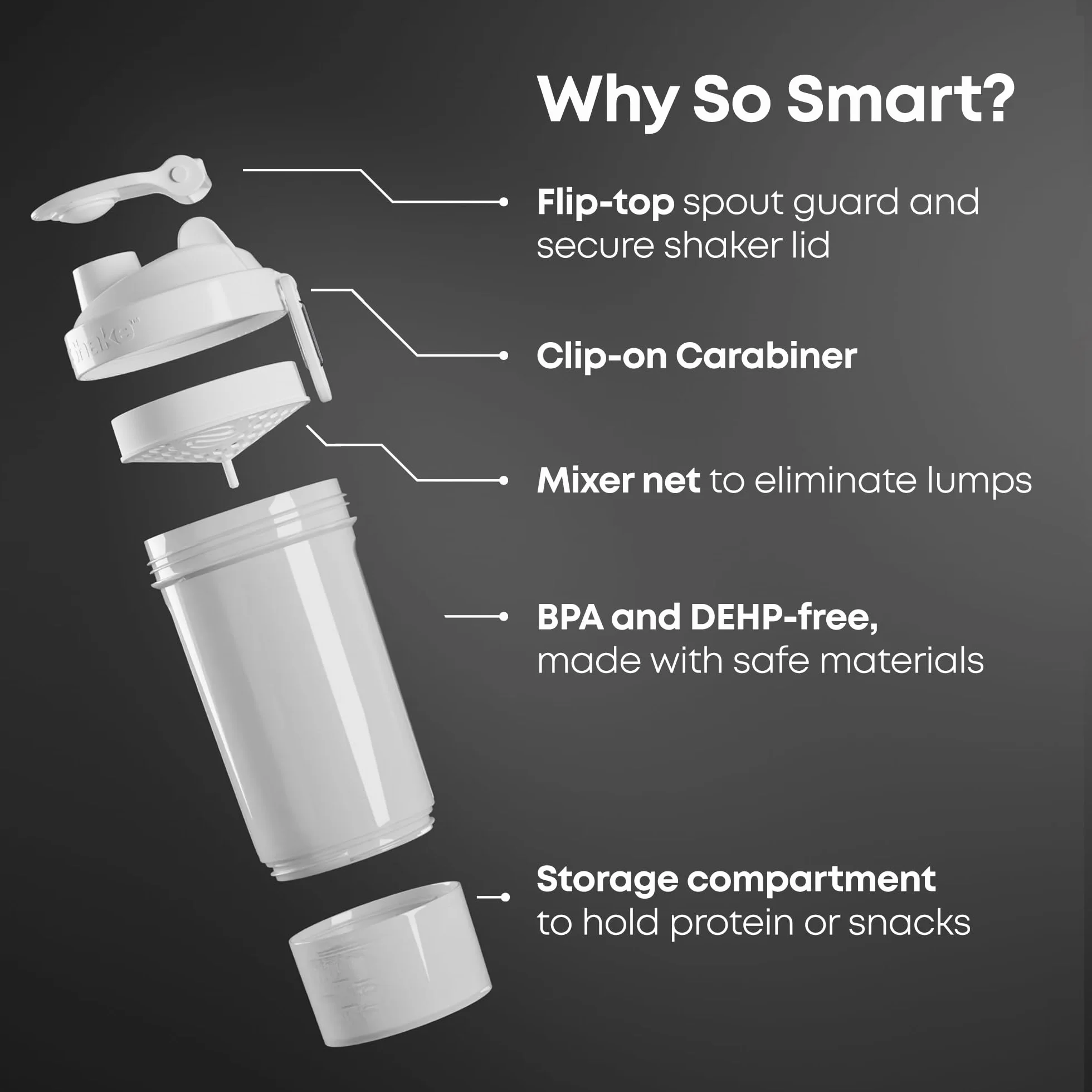 Smartshake O2GO ONE, confezione da 4 shaker proteici da 600 ml | 20 oz - Contenitore incluso - Coperchio a vite anti-perdita - Senza BPA - Unisex - Grigio nebbia, Verde militare, Nero, Blu navy