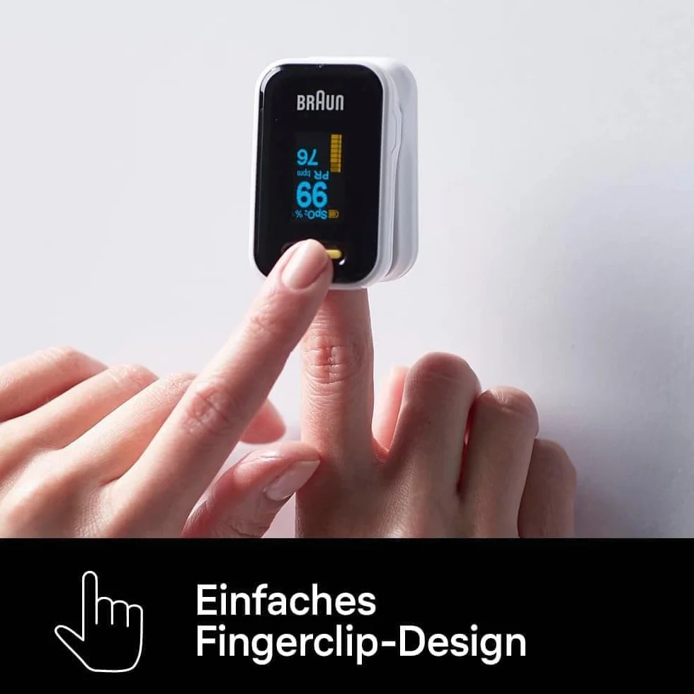 Braun Pulsossimetro 1, Monitor accurato per ossigeno nel sangue da dito, Clinicamente validato, Per chi soffre di BPCO, polmonite e apnea notturna, Ottimo per gli atleti, YK-81CEU