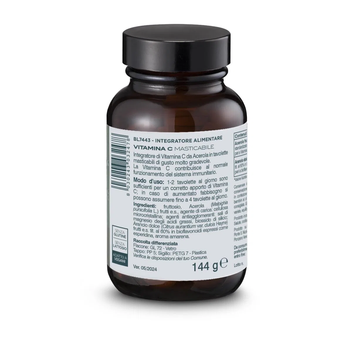 BIOS LINE Principium Vitamina C Masticabile, Integratore Alimentare Naturale di Vitamina C, Gusto Amarena, 120 Tavolette Masticabili