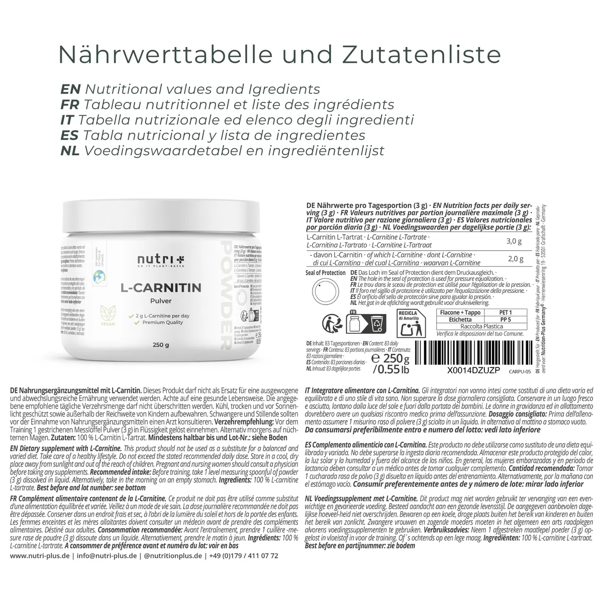 nutri + L-carnitina in Polvere - 100% Carnitina Tartrato vegan Pure Powder 250 g - 3000mg per Porzione - Acido tartarico senza Additivi